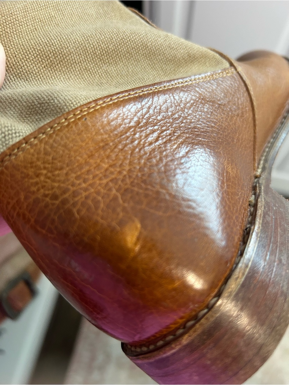 Frye Tall Brown Leather & Olive Canvas Boots - Picture 6 of 10